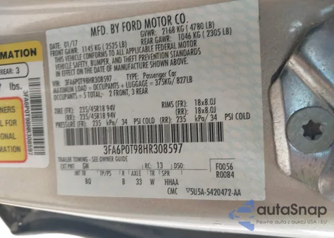 2017 Ford Fusion Se из США, поврежденный, VIN 3FA6P0T98HR308597